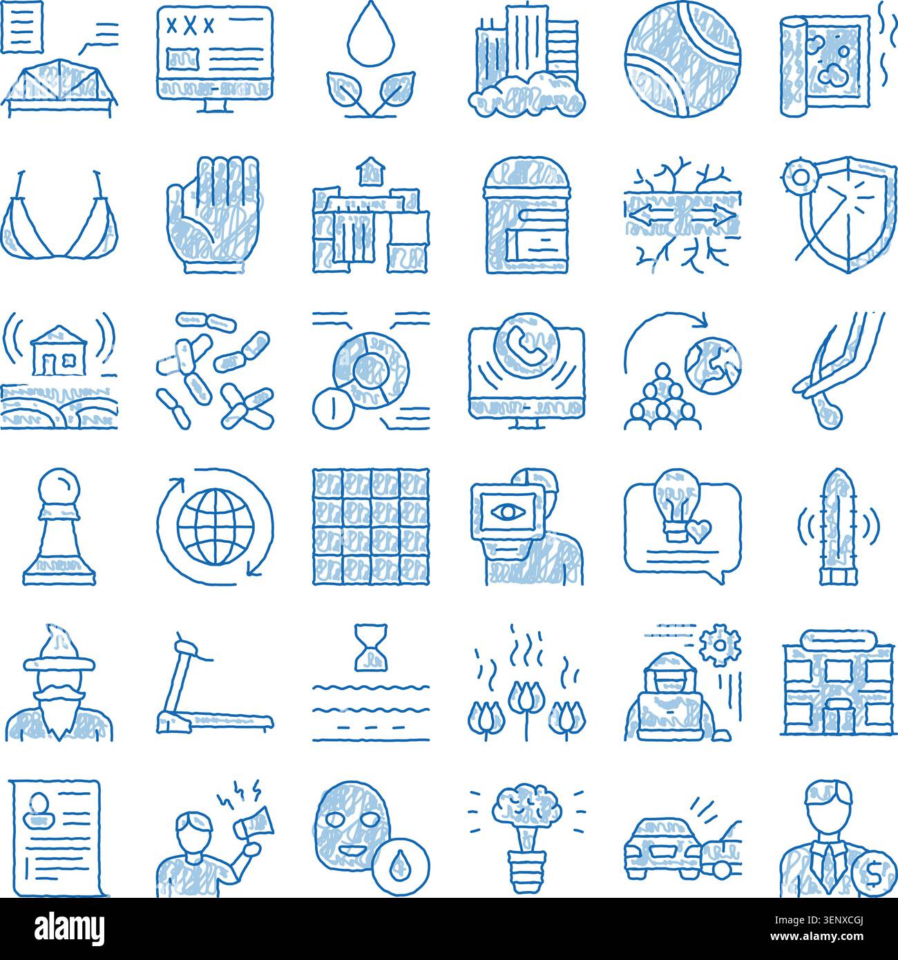 Set di icone blu disegnate a mano che raffigurano vari concetti, tra cui strategia aziendale, sanità, tecnologia, natura, finanza, e istruzione, cr Illustrazione Vettoriale