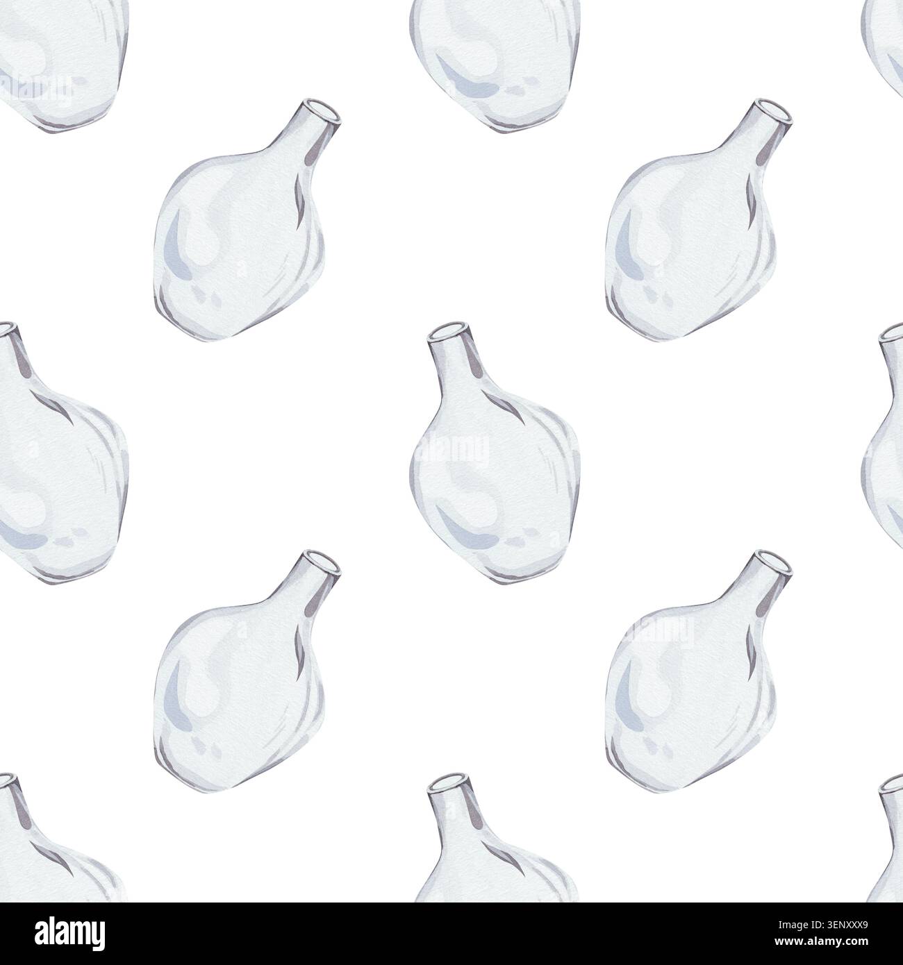 Motivo ad acquerello senza cuciture con vasi in vetro trasparente, illustrazione disegnata a mano su sfondo bianco. Per cancelleria, interior design, laboratorio, stampa tessile per cucina, negozi di fiori Foto Stock
