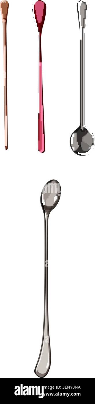 Collezione di utensili da bar con diversi stili di cucchiai miscelatori a manico lungo, con diverse finiture metalliche e forme ergonomiche per la creazione di BE Illustrazione Vettoriale