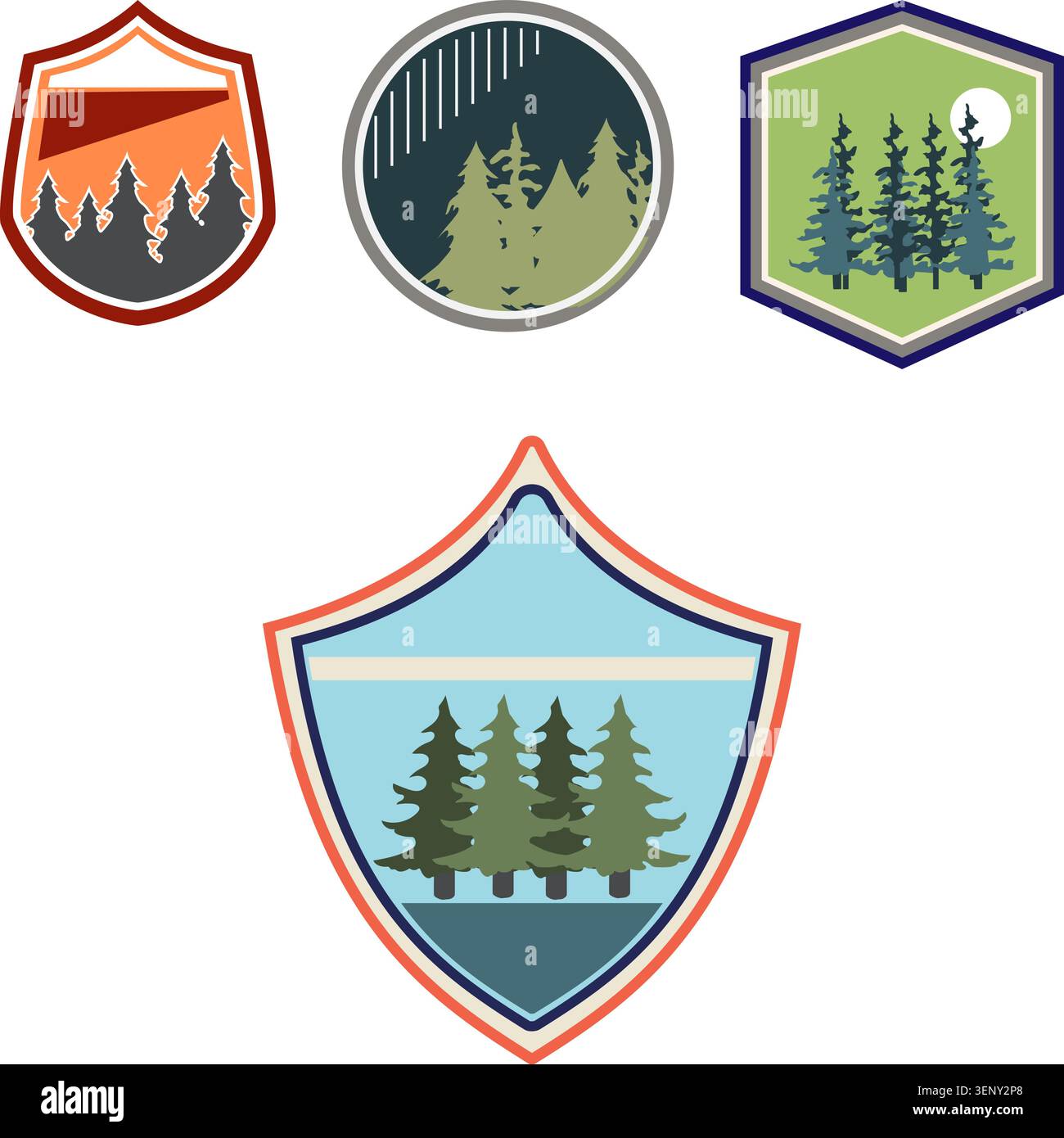 Collezione di distintivi naturali stilizzati con pini, montagne e paesaggi astratti all'aperto, ideali per branding, etichette o temi di avventura Illustrazione Vettoriale