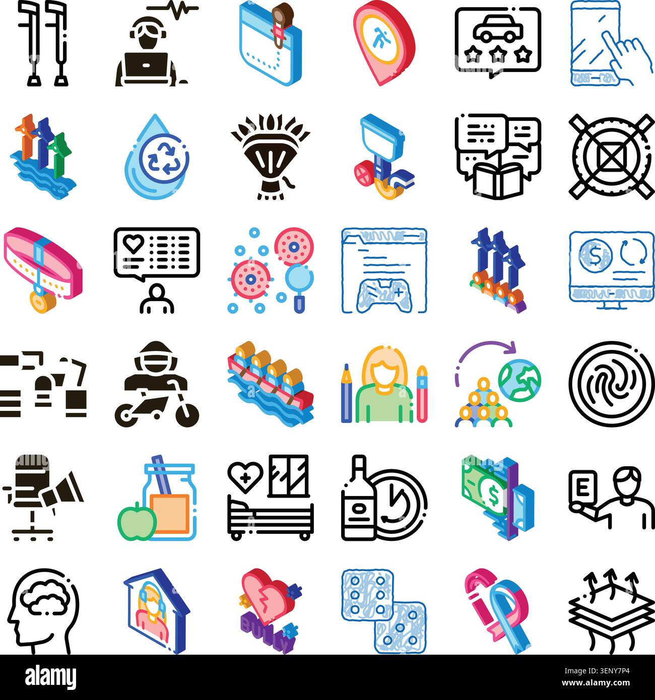Diverse icone isometriche che illustrano vari concetti di vita umana, attività, salute, tempo libero e tecnologia, raffigurazione di situazioni diverse e di Illustrazione Vettoriale