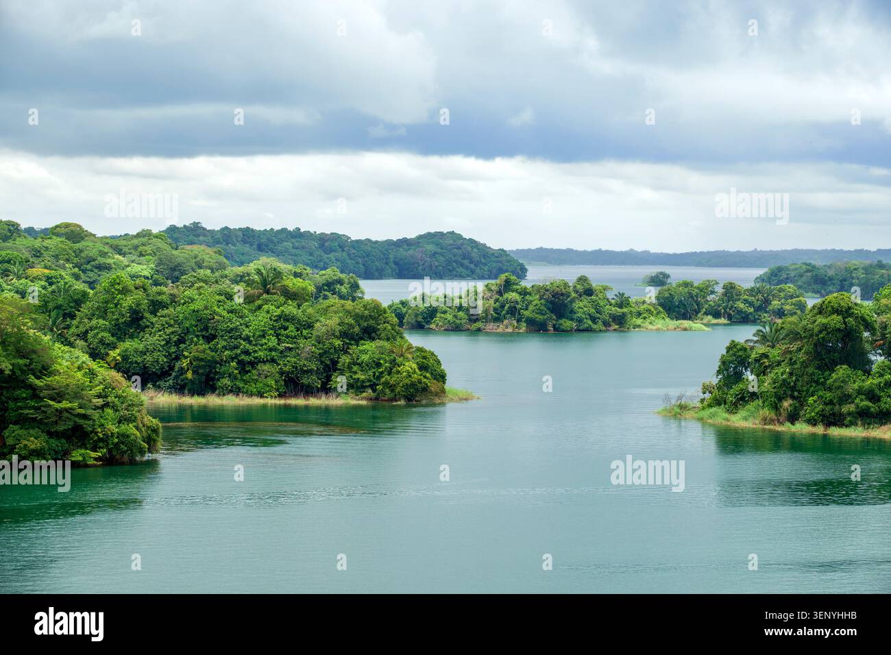 Canale di Panama, lago Gatun, isole tropicali, isolotti, vegetazione della foresta pluviale, paesaggio della giungla, lago d'acqua dolce, spartiacque del canale, litorale della foresta, abita naturale Foto Stock