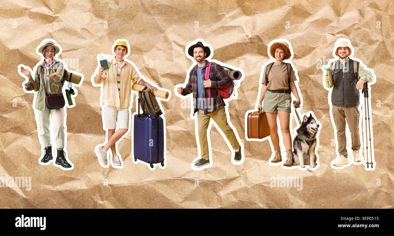 Gruppi di viaggiatori soddisfatti con zaini, bagagli e attrezzatura da trekking pronti per l'avventura e l'esplorazione Foto Stock