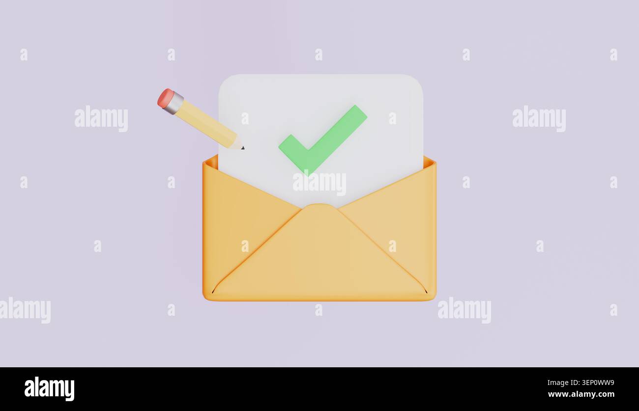 Documento o e-mail confermati, selezionare l'icona del segno di spunta nella busta con lettera con penna Foto Stock
