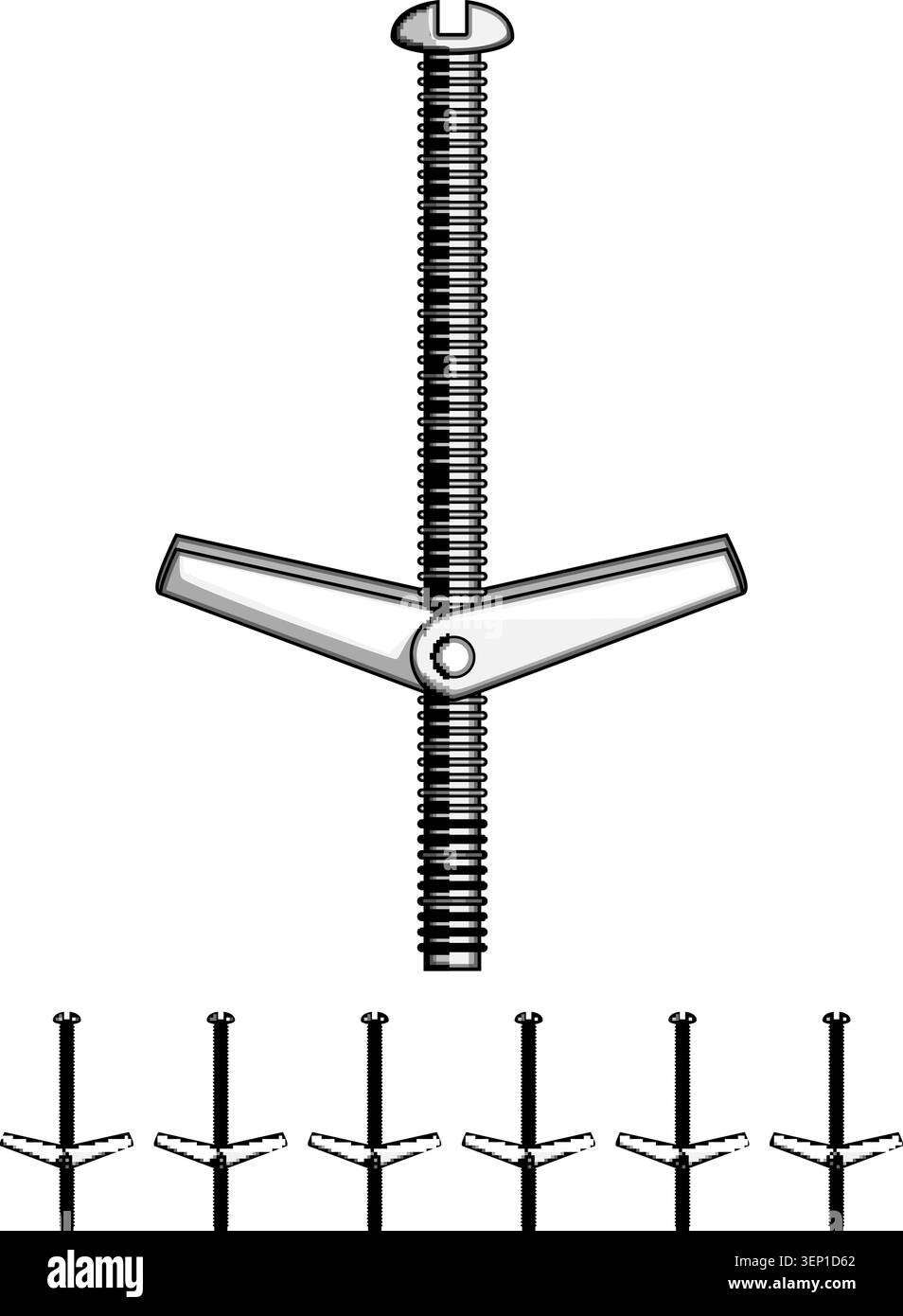 Illustrazione del bullone a scatto che mostra le alette caricate a vite e a molla, fornendo una soluzione di ancoraggio sicura per appendere oggetti su cartongesso o cavi Illustrazione Vettoriale