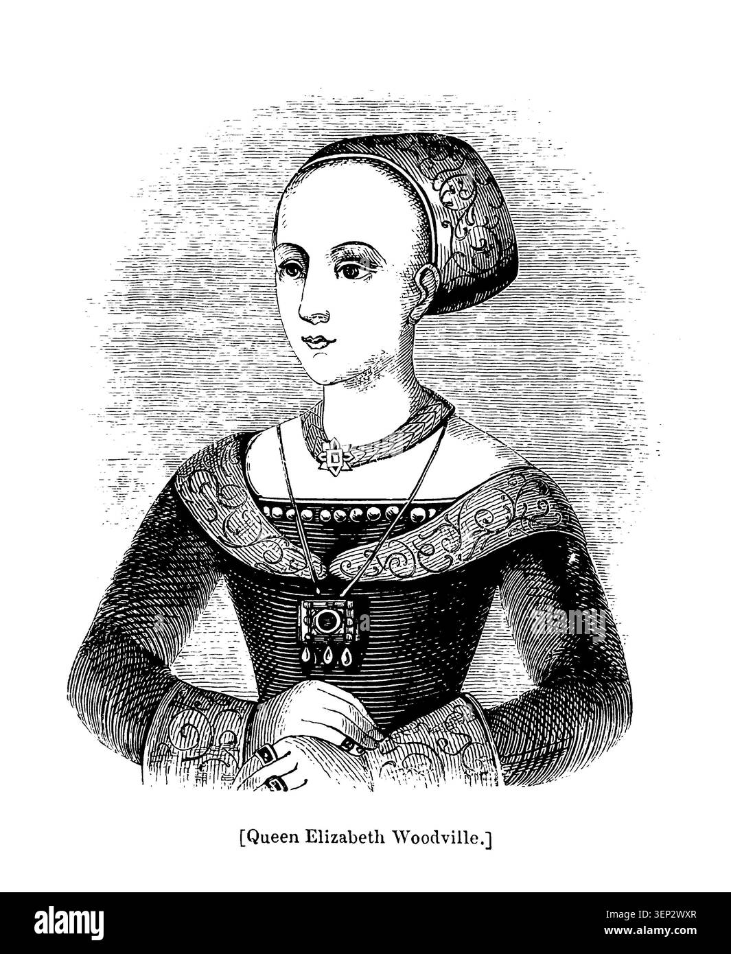 Regina Elisabetta Woodville, 1437 circa – 8 giugno 1492, fu Regina d'Inghilterra dal 1 maggio 1464 al 3 ottobre 1470 e dall'11 aprile 1471 al 9 aprile 1483 come moglie di re Edoardo IV, illustrazione d'epoca dal 1842 Foto Stock
