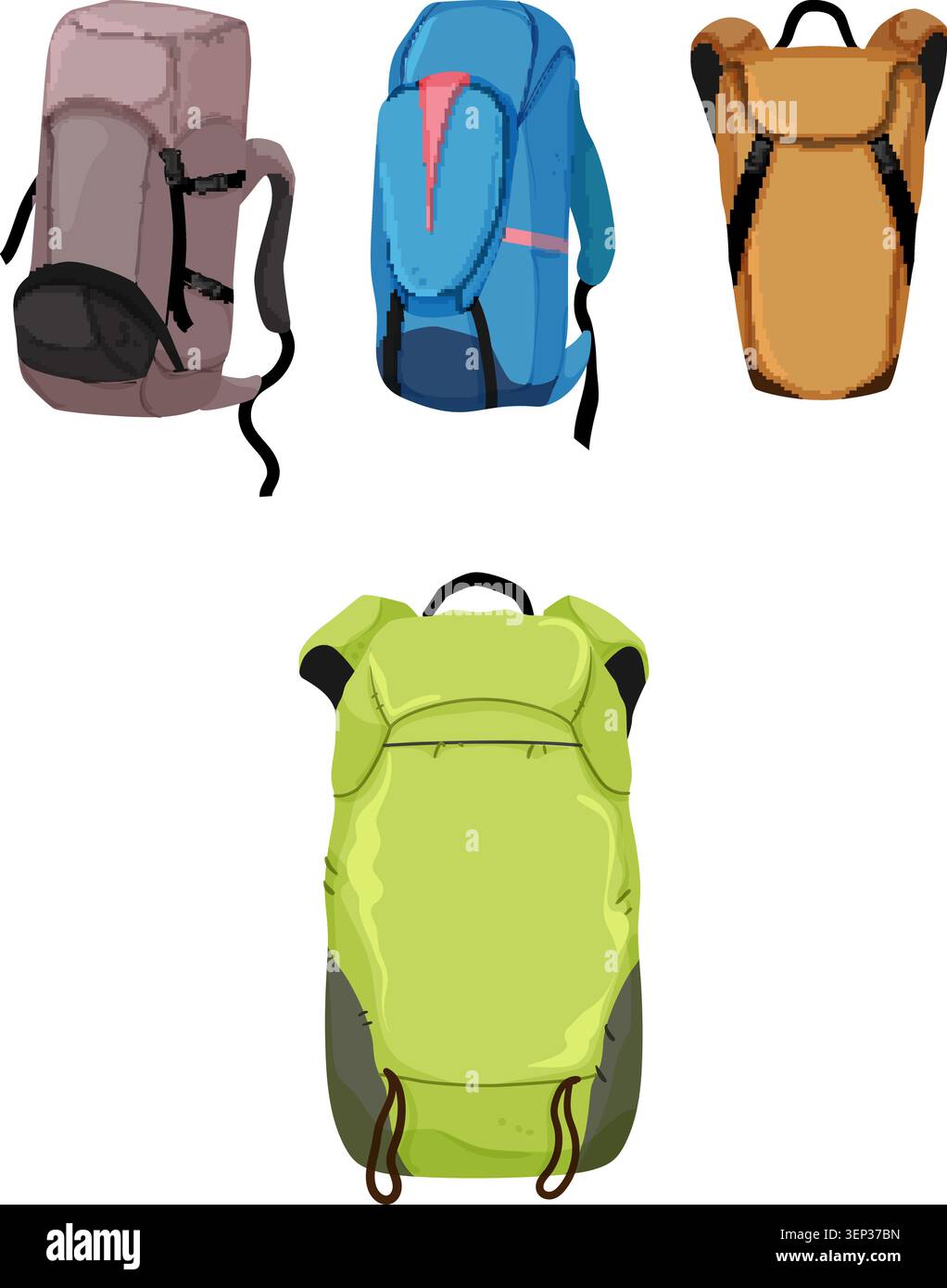 Vari zaini e zaini colorati sono raggruppati insieme, illustrando diversi design e capacità adatti per escursioni, viaggi e selvaggi Illustrazione Vettoriale