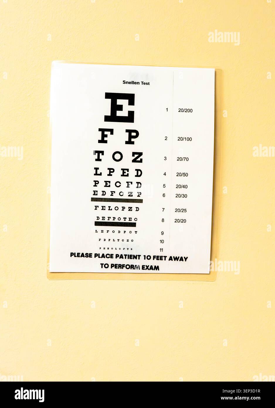 Grafico dell'esame oculare sulla parete di una stanza dell'ospedale, utilizzato per test di visione e screening sanitario in un ambiente medico clinico Foto Stock