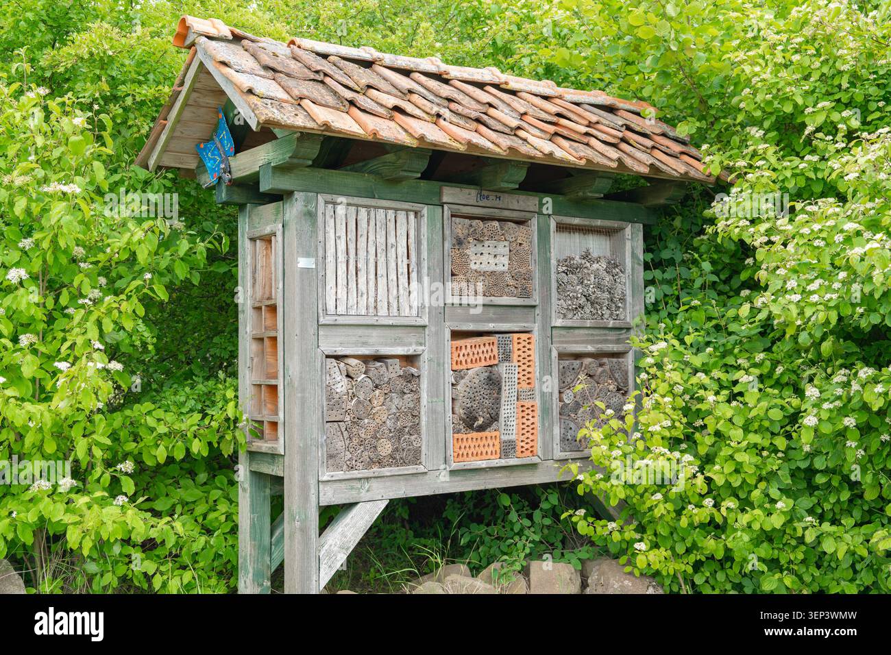 Un grande hotel di insetti in legno fatto a mano installato in un giardino verde vicino a cespugli. Promuove la biodiversità, il giardinaggio biologico, la conservazione della fauna selvatica e l'ambiente Foto Stock