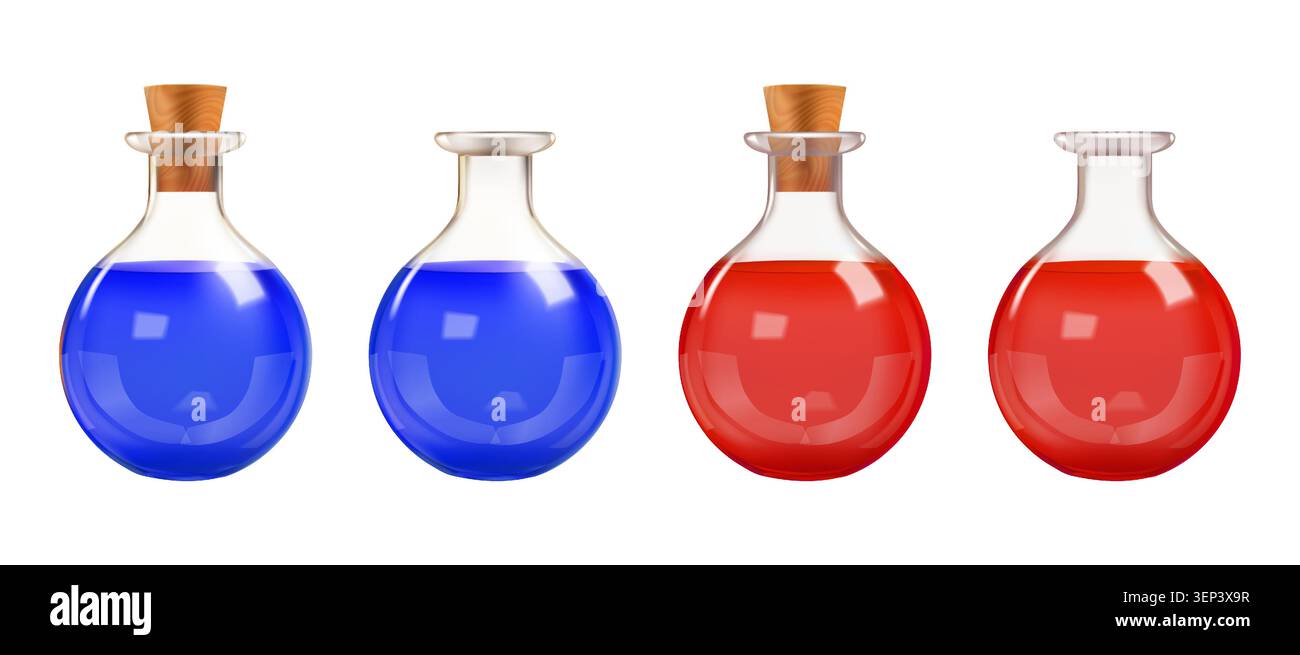 Provetta per analisi del sangue da laboratorio, flacone di pozione 3D. Pallone in vetro liquido, gioco rpg a bulbo magico. Becher chimico da laboratorio, vaso di elisir medievale. Fiala medica Illustrazione Vettoriale