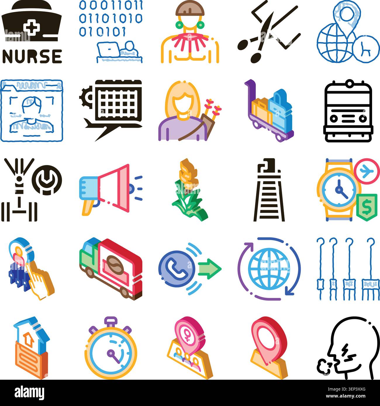 Collezione di varie icone colorate che rappresentano diverse professioni, servizi professionali, tecnologie, comunicazione, salute, e conc. logistico Illustrazione Vettoriale
