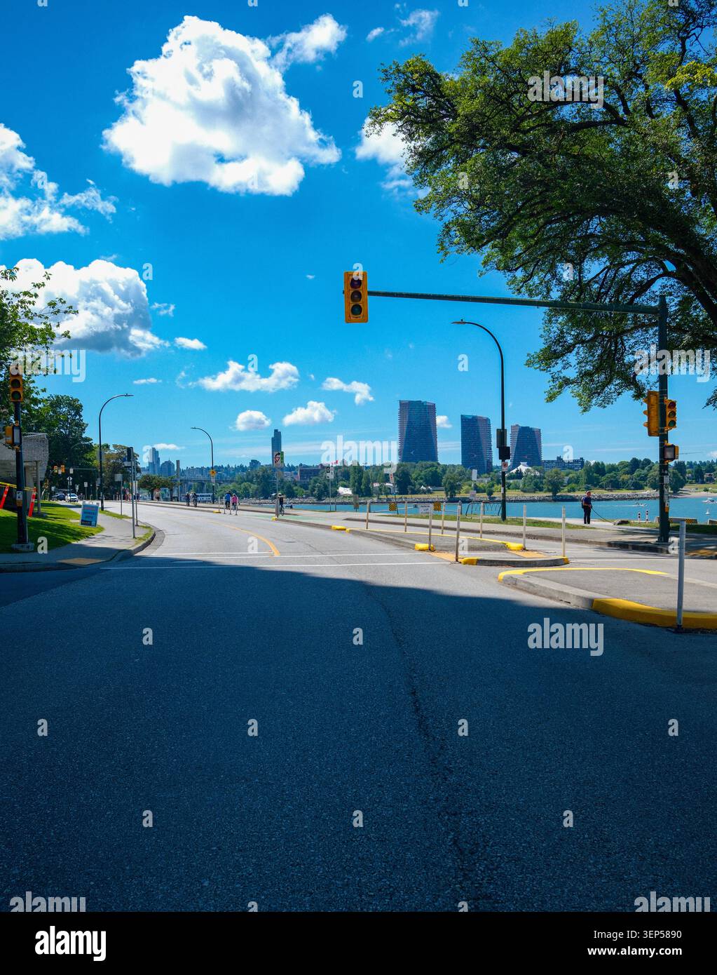 Beach Avenue con piste ciclabili lungo English Bay nel West End di Vancouver, British Columbia. Foto Stock