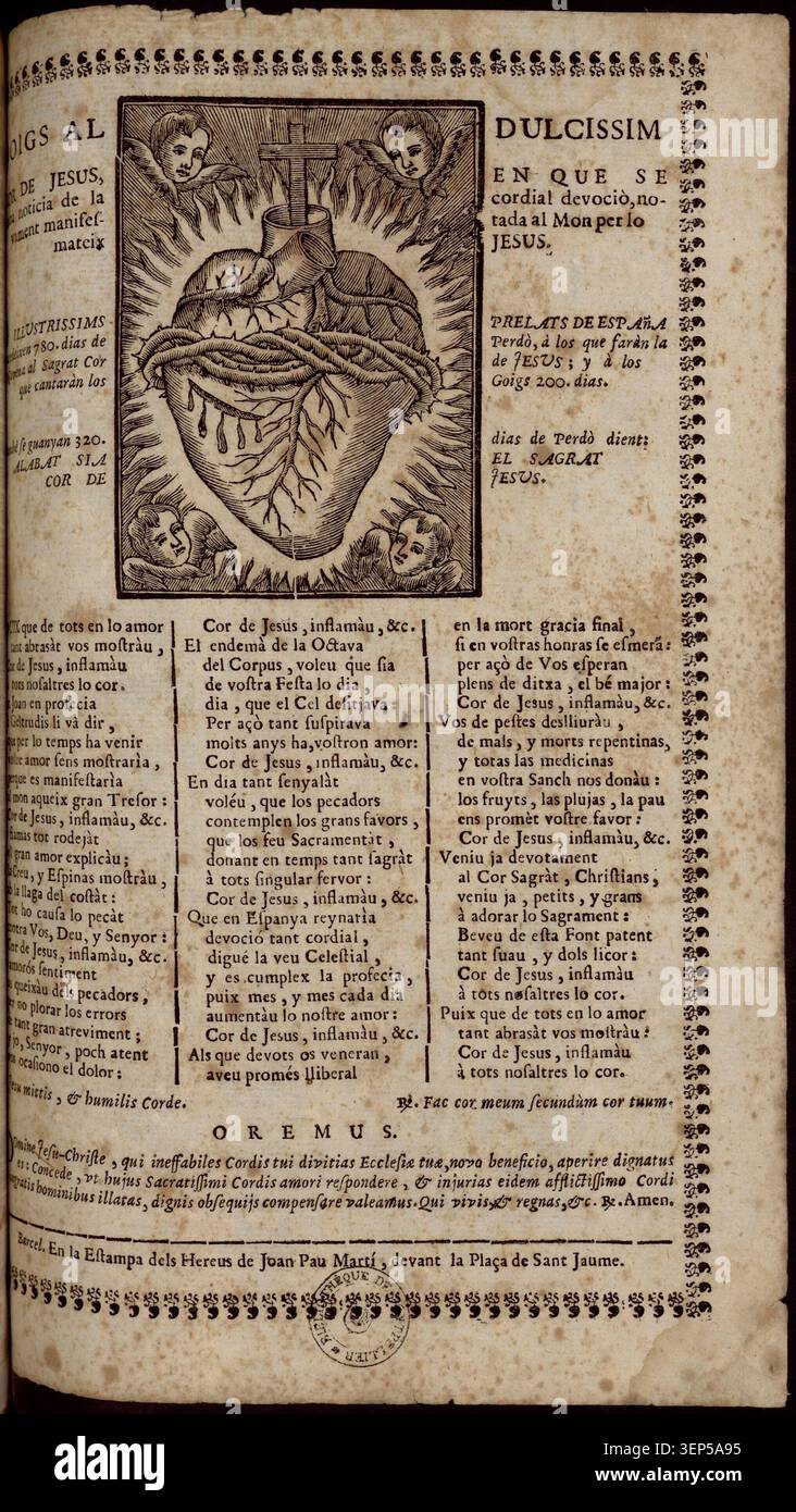 L'incisione devozionale presenta un testo inno dedicato al cuore più dolce di Gesù, annunciando una devozione sentita appena rivelata al mondo, prodotto all'interno di una tradizione di culto congregazionale cattolica di lingua spagnola che esprime la sacra devozione attraverso la musica religiosa stampata e la cultura dello spartito di preghiera. Foto Stock