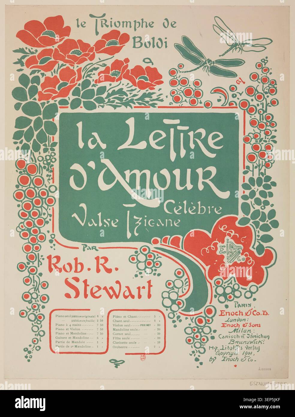 L'incisione ornamentale sviluppa una composizione stilizzata di lettere d'amore con libellule e motivi papavero creati da George Auriol nel 1901, riflettendo la pratica della grafica decorativa francese Art Nouveau Foto Stock