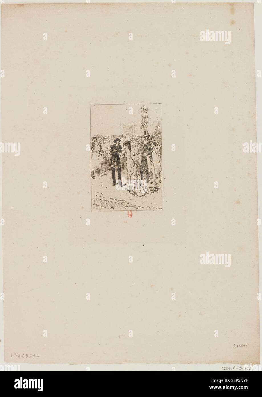 Il matrimonio fornisce il tema di un'incisione disegnata da Henry Somm nel 1876. La composizione appartiene a una scena di genere ottocentesco e presenta un soggetto sociale incentrato su un matrimonio e le sue usanze associate. Foto Stock