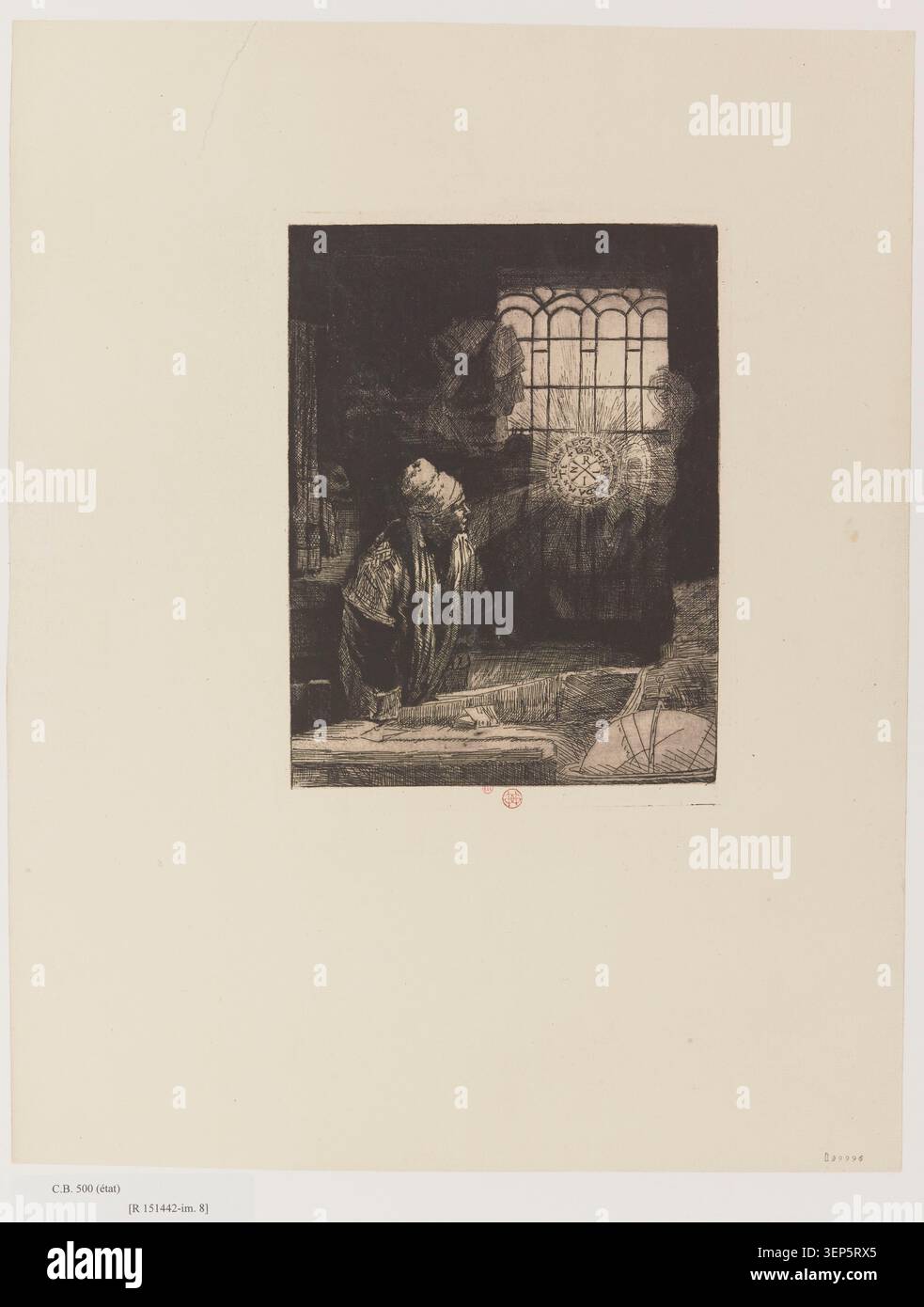 L'incisione presenta l'interpretazione del Dottor Faustus o il microcosmo di Henri Guérard del 1875, combinando allegoria letteraria e immagini simboliche per esprimere temi di conoscenza, mito e indagine filosofica all'interno della cultura della stampa francese del XIX secolo. Foto Stock
