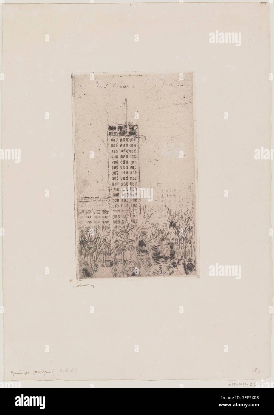 Jean-Émile Laboureur produce un'incisione del piccolo edificio Metropolitan Life nel 1909, presentando un motivo architettonico urbano all'interno di un contesto urbano moderno associato all'espansione metropolitana dell'inizio del XX secolo e alla cultura della stampa grafica. Foto Stock