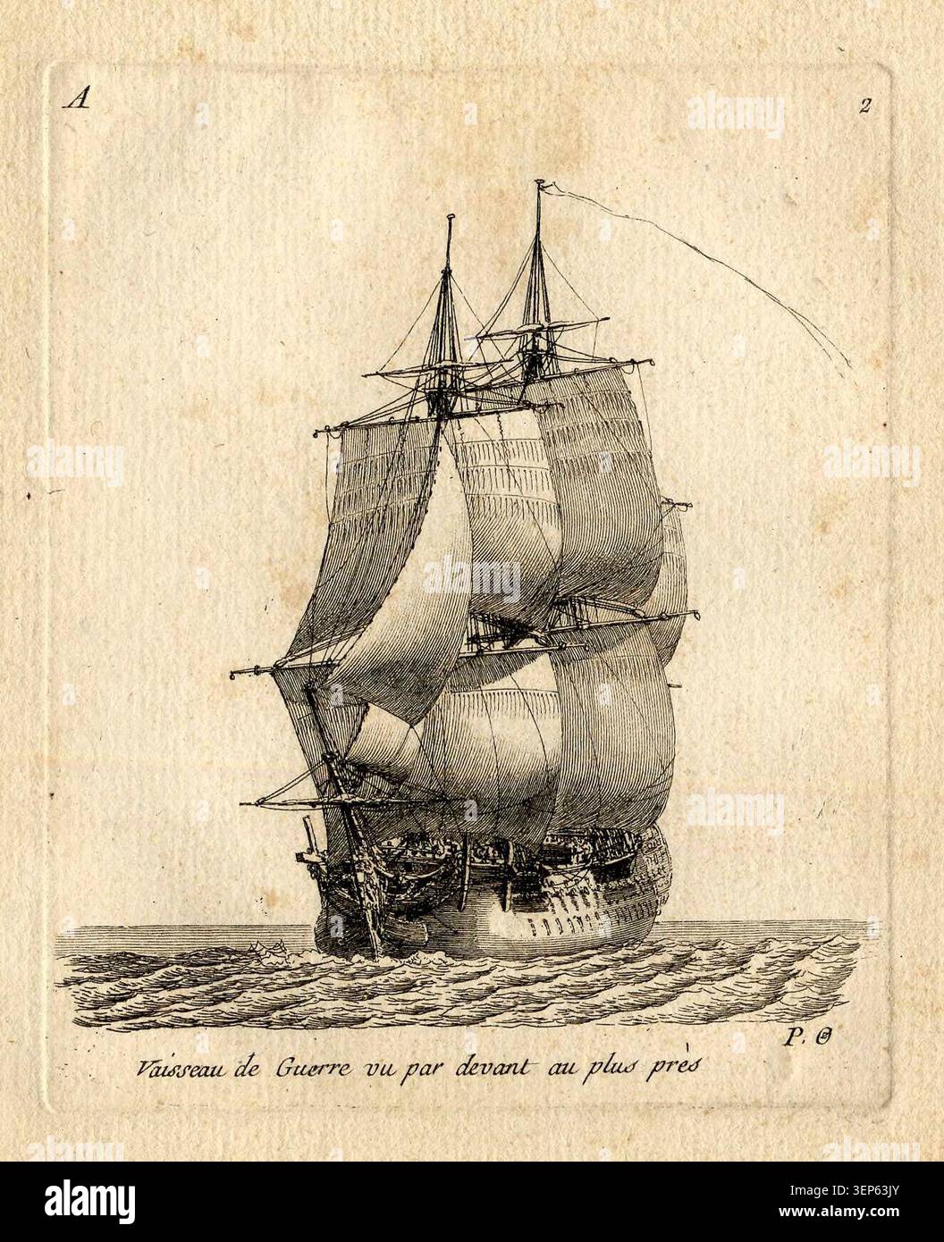 Un'incisione di Pierre Ozanne presenta una nave da guerra vista dal fronte mentre si naviga a bordo ravvicinato, registrando l'aspetto e l'allestimento di una nave a vela navale nel 1813 e sottolineando il suo profilo marittimo a testa alta sotto la vela. Foto Stock
