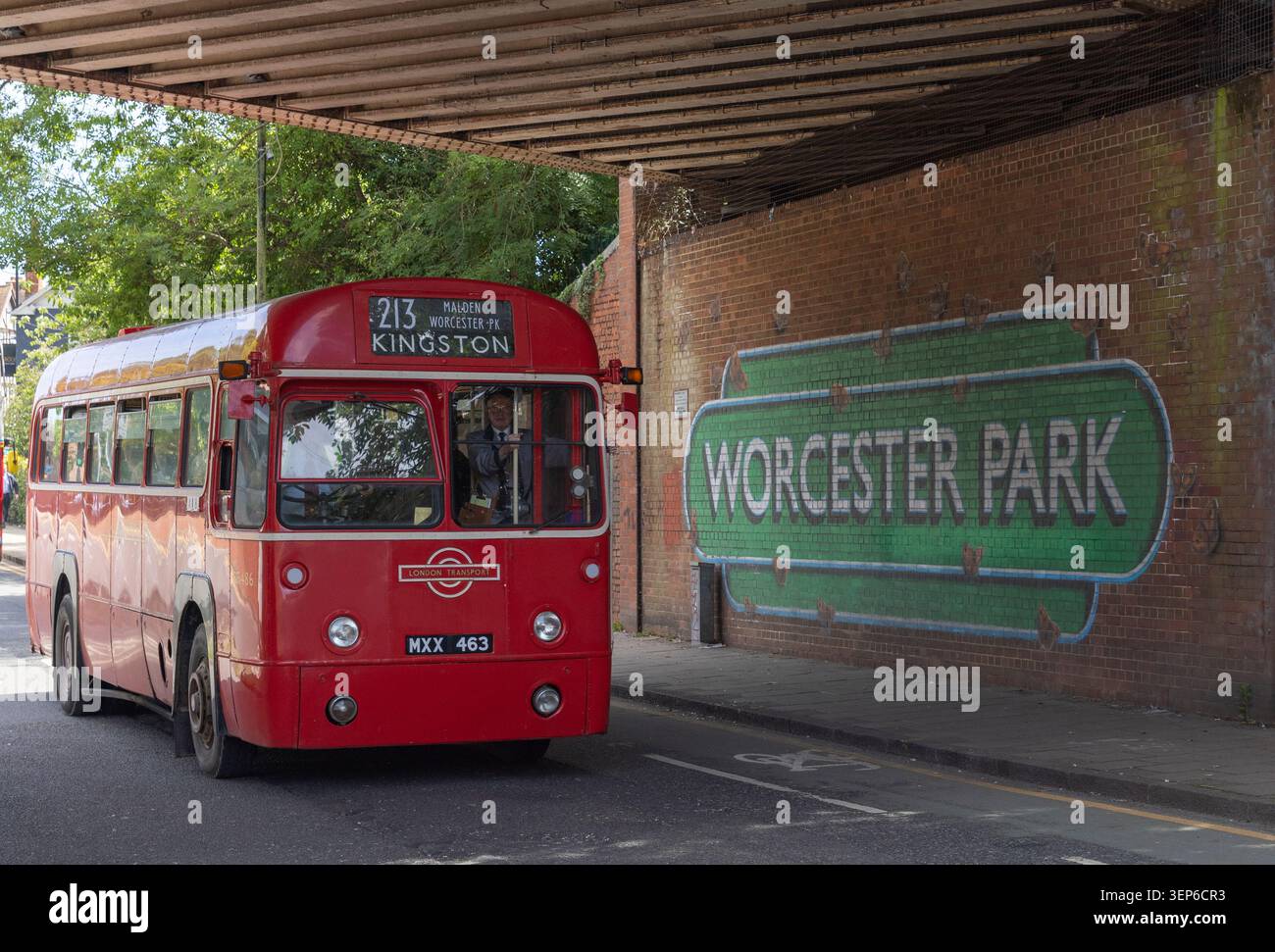 Londra, Regno Unito, 13 giugno 2026. Worcester Park e Cheam Village. La linea 213 della London Bus collega Kingston e Sutton dal 1921 (ovvero 105 anni) e serve Norbiton Station, Coombe Lane, Traps Lane, New Malden, Worcester Park, North Cheam e Cheam. tra il 10,00 e il 1700. Il London Bus Museum ha gestito un autobus storico gratuito oggi. Autobus che risalgono dagli anni '1950 agli anni '1970 accanto al normale servizio giornaliero sulla linea 213. Crediti: Ian Humphreys/Alamy Live News Foto Stock