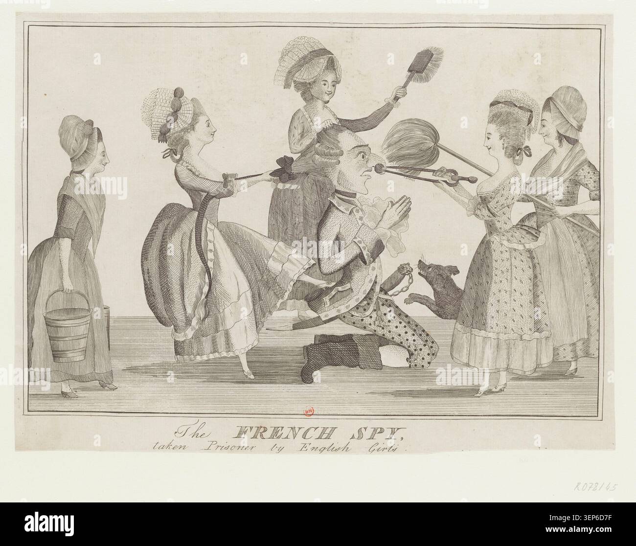 Thomas Colley creò questa incisione satirica del 1781 intitolata "The French Spy Prisoner by English Girls", una caricatura inglese umoristica che presentava una spia francese catturata dalle ragazze inglesi durante il periodo di Giorgio III. Foto Stock
