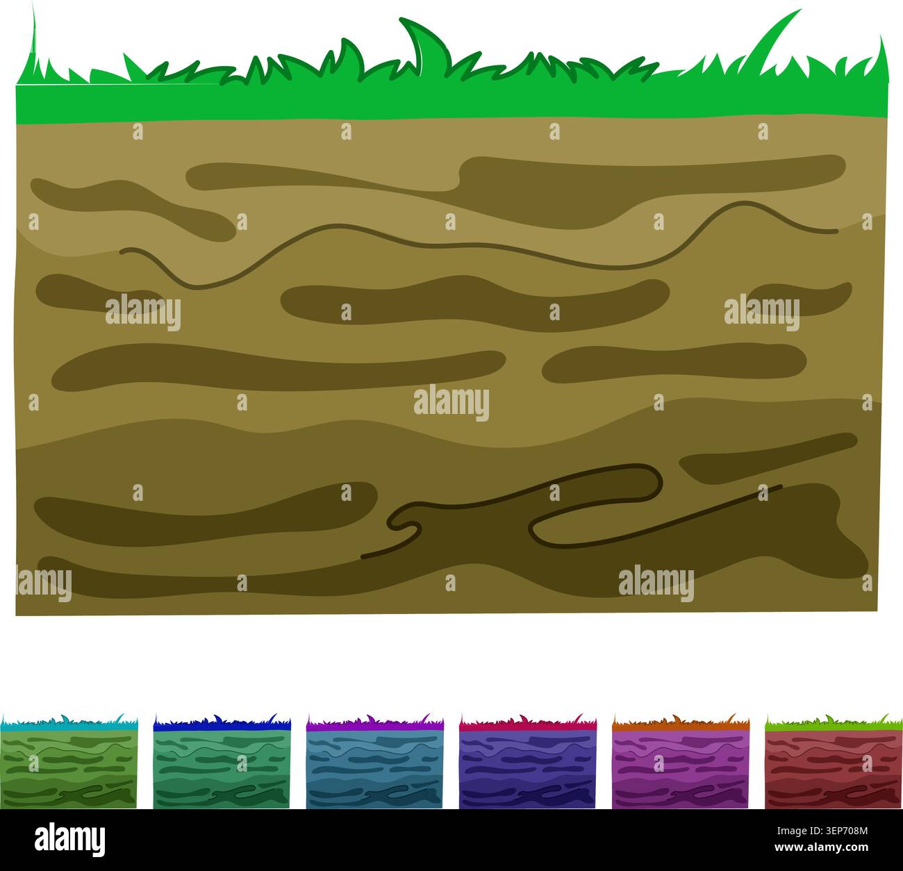 Sezione trasversale del terreno che illustra diversi strati di terreno e la consistenza della terra con erba verde che cresce sulla superficie, raffigurante geologia, agricoltura e. Illustrazione Vettoriale