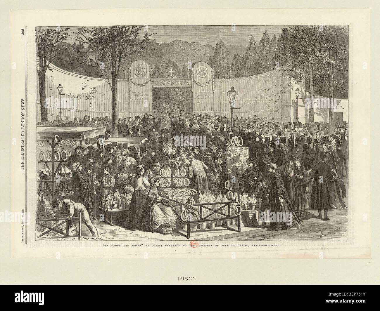 L'ingresso al cimitero di Père la Chaise a Parigi durante il Jour des Morts nel 1869 porta folle attraverso porte monumentali, con Jules Pelcoq che produce un'incisione che cattura rituali di lutto e commemorazione pubblica nella Parigi del secondo Impero. Foto Stock