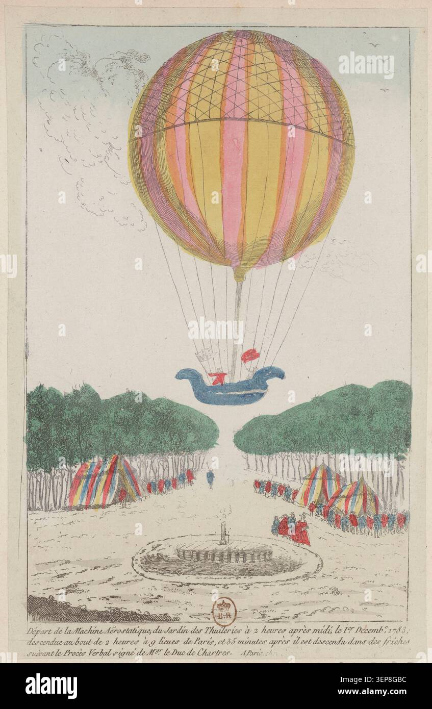 Questa incisione registra la partenza della macchina aerostatica dal Giardino delle Tuileries di Parigi il 1° dicembre 1783, trasportando Charles e Robert prima di scendere diverse leghe dalla città dopo un volo della durata di circa due ore. Foto Stock