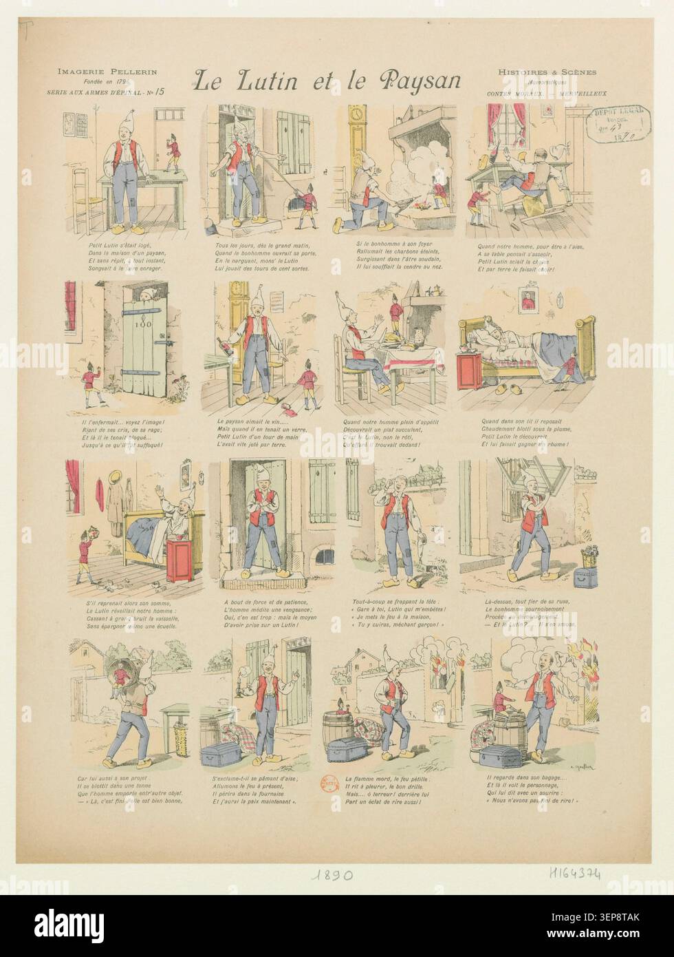 Un foglio illustrato di Epinal del 1890 presenta un incontro folcloristico rurale in cui un contadino incontra un lutin malizioso all'interno di una narrativa fantasia umoristica tipica delle tradizioni illustrative popolari francesi del XIX secolo. Foto Stock