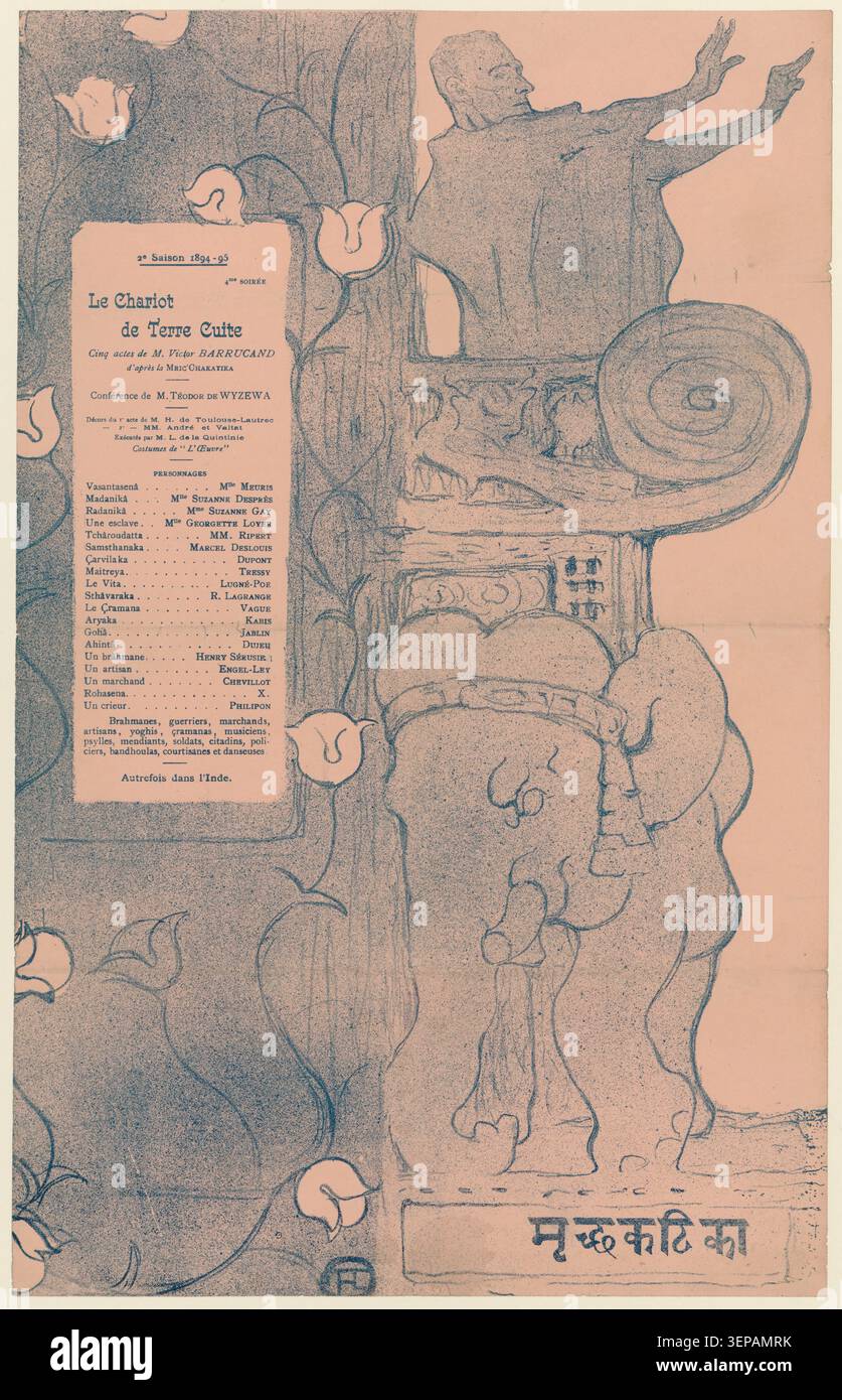 Henri de Toulouse Lautrec crea un manifesto litografico del 1894 che pubblicizza le esibizioni del Carro di Terracotta di Victor Barrucand all'Théâtre de l'oeuvre di Parigi, riflettendo la promozione teatrale all'avanguardia e la cultura dell'arte poster parigina di fine Ottocento. Foto Stock