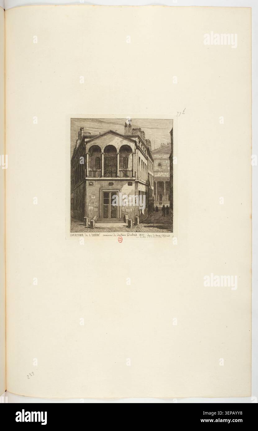 Marziale A.-P. Incise la Maison du docteur Dubois al Carrefour de l'Odéon di Parigi nel 1866, registrando l'architettura residenziale del XIX secolo e l'ambiente di strada associato ad Antoine Dubois all'interno della serie Ancien Paris. Foto Stock