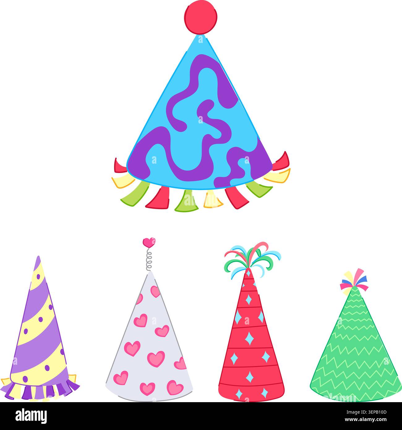 Gruppo di cappelli da festa vivaci e variegati con vari motivi e decorazioni, perfetti per festeggiare compleanni, vacanze e occasioni allegre Illustrazione Vettoriale