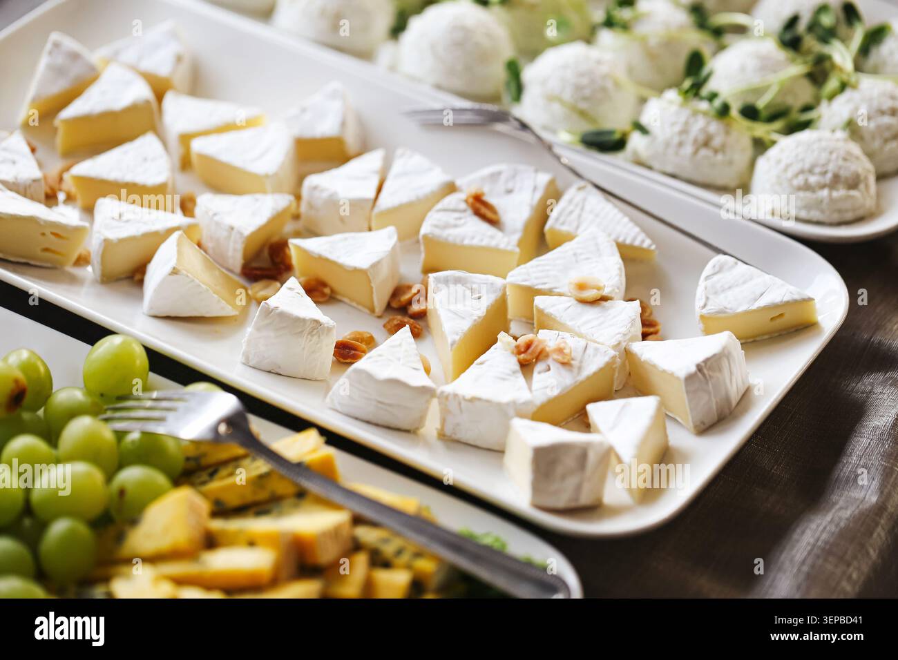 Formaggi assortiti e uva serviti su piatto da primo piano. Selezione di antipasti gourmet per feste, catering e riunioni di festa. Foto Stock