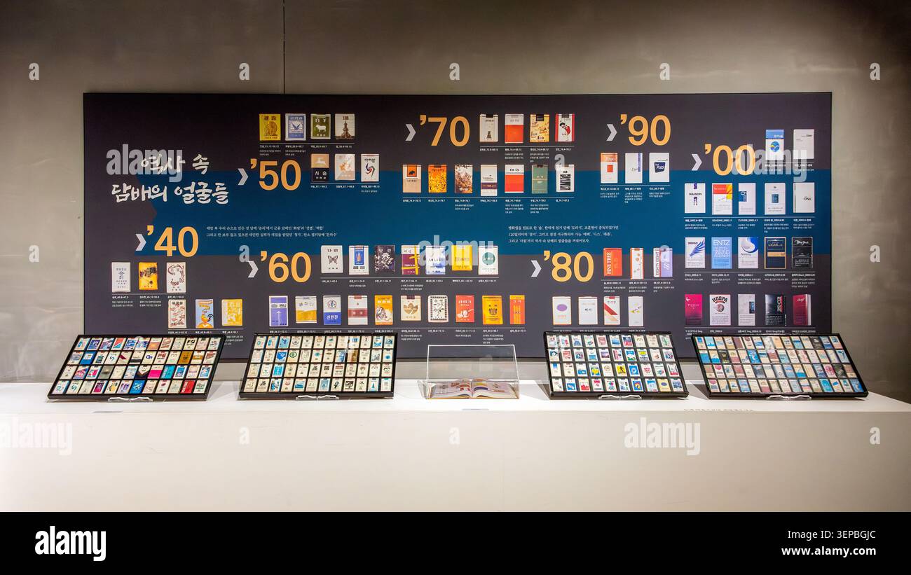 “The Faces of Cigarettes Through History”, una mostra sulla storia dei marchi di sigarette esposta alla Culture Factory, Corea del Sud Foto Stock