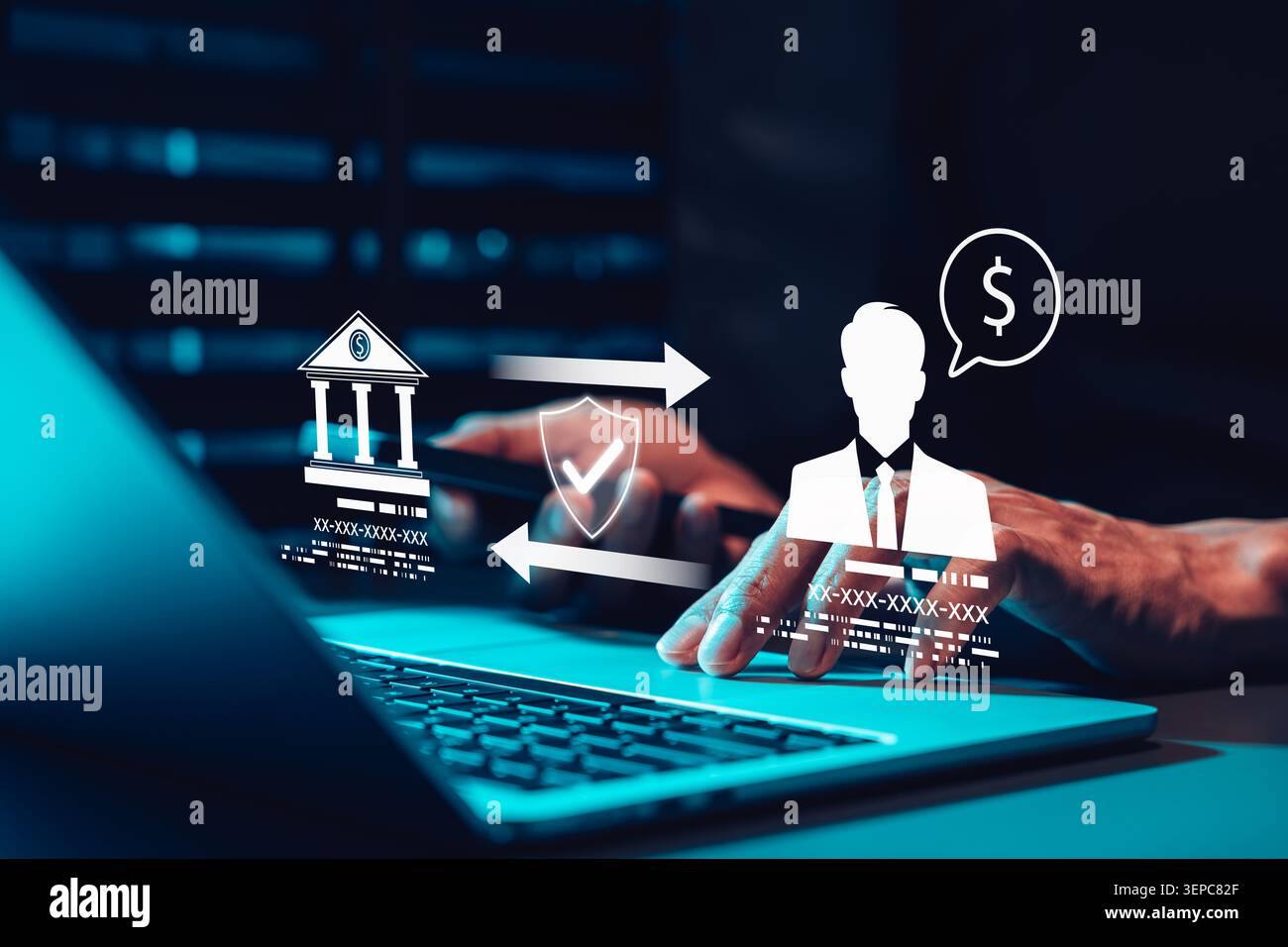 Concetto di sicurezza delle transazioni bancarie e verifica dei clienti. icone di bonifico bancario, flusso di pagamento protetto, profilo identità, prevenzione delle frodi, dati Foto Stock