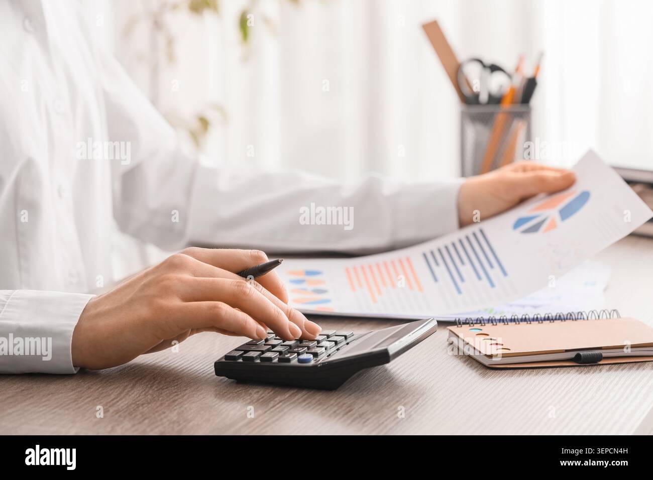 Analista finanziario che calcola i dati aziendali con il calcolatore e il resoconto di gestione, il processo di contabilità e budget, le mani delle persone sono visibili sul Foto Stock