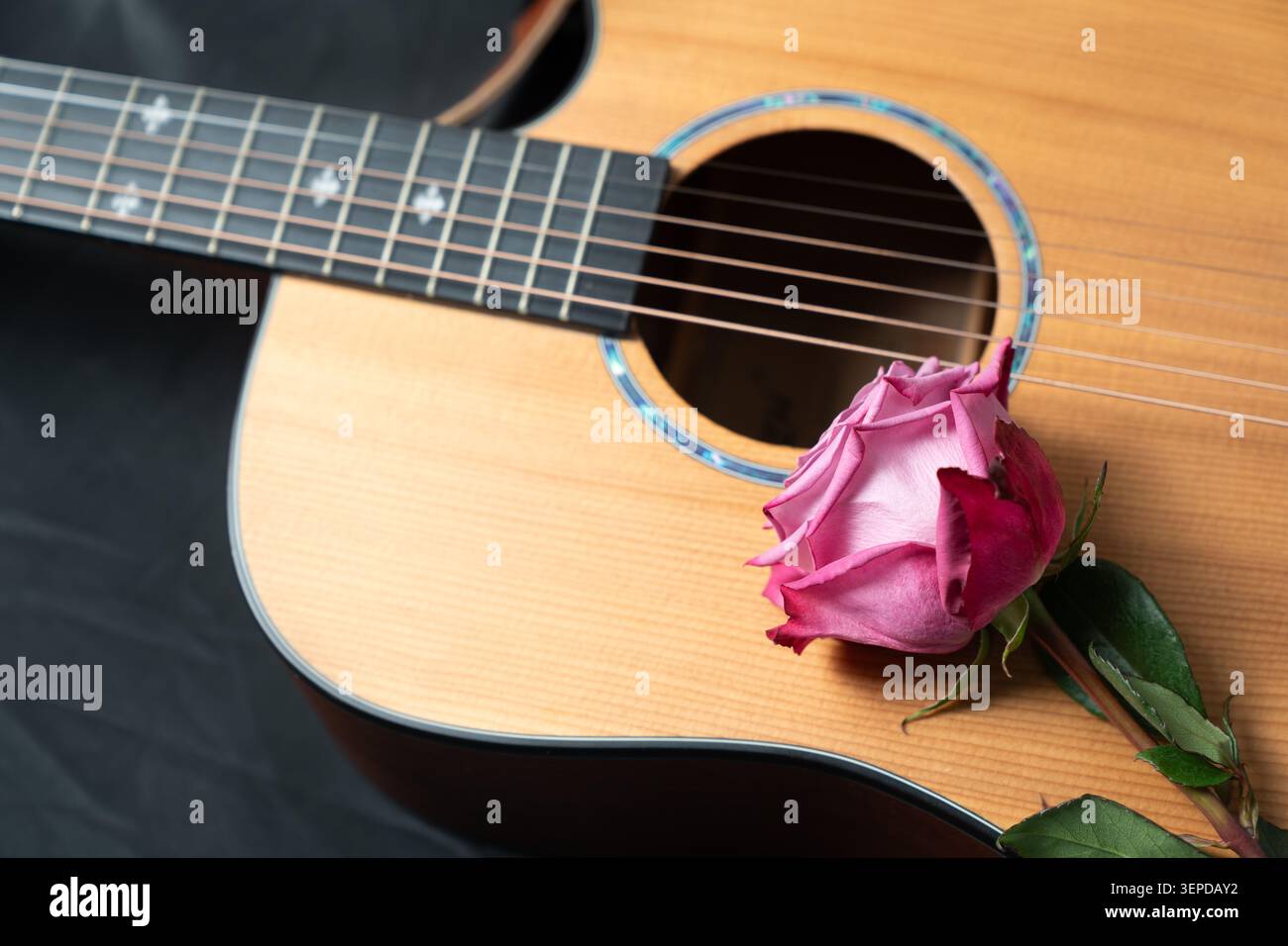 Una rosa rosa e una rosa che poggiano su una chitarra acustica. Una natura morta romantica che combina musica, amore ed espressione artistica con texture ricche, calde tonalità di legno e contrasto drammatico. Foto Stock