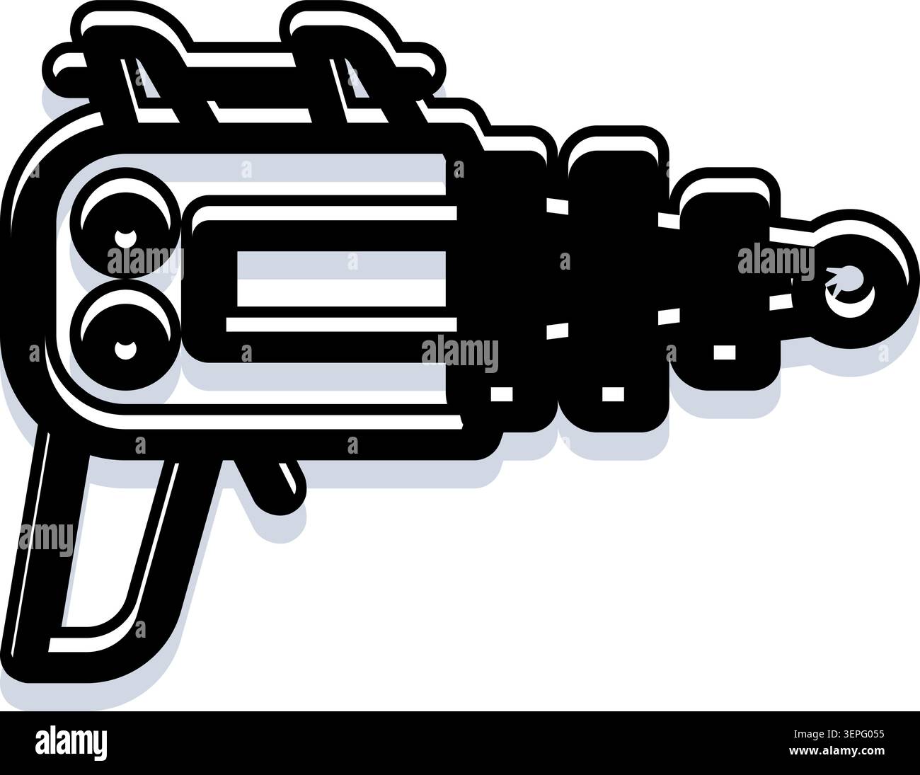 Illustrazione futuristica di una pistola a raggi in stile vettoriale bianco e nero, ideale per progetti di fantascienza, avventura spaziale, tecnologia vintage e design di giochi Illustrazione Vettoriale