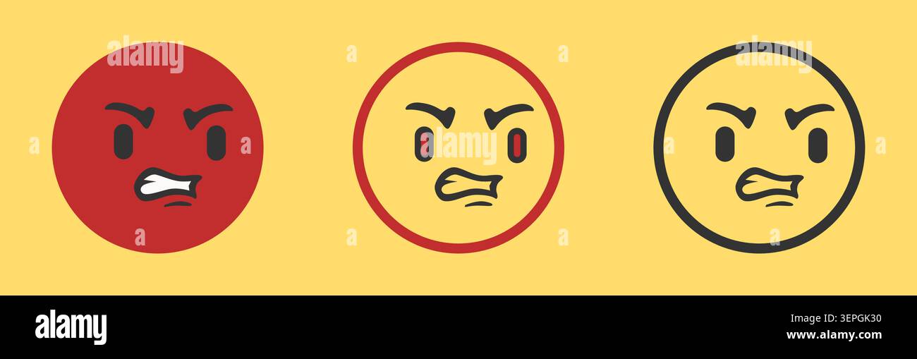 Tre icone di emoji per il viso arrabbiato contorni rossi gialli su beige Illustrazione Vettoriale