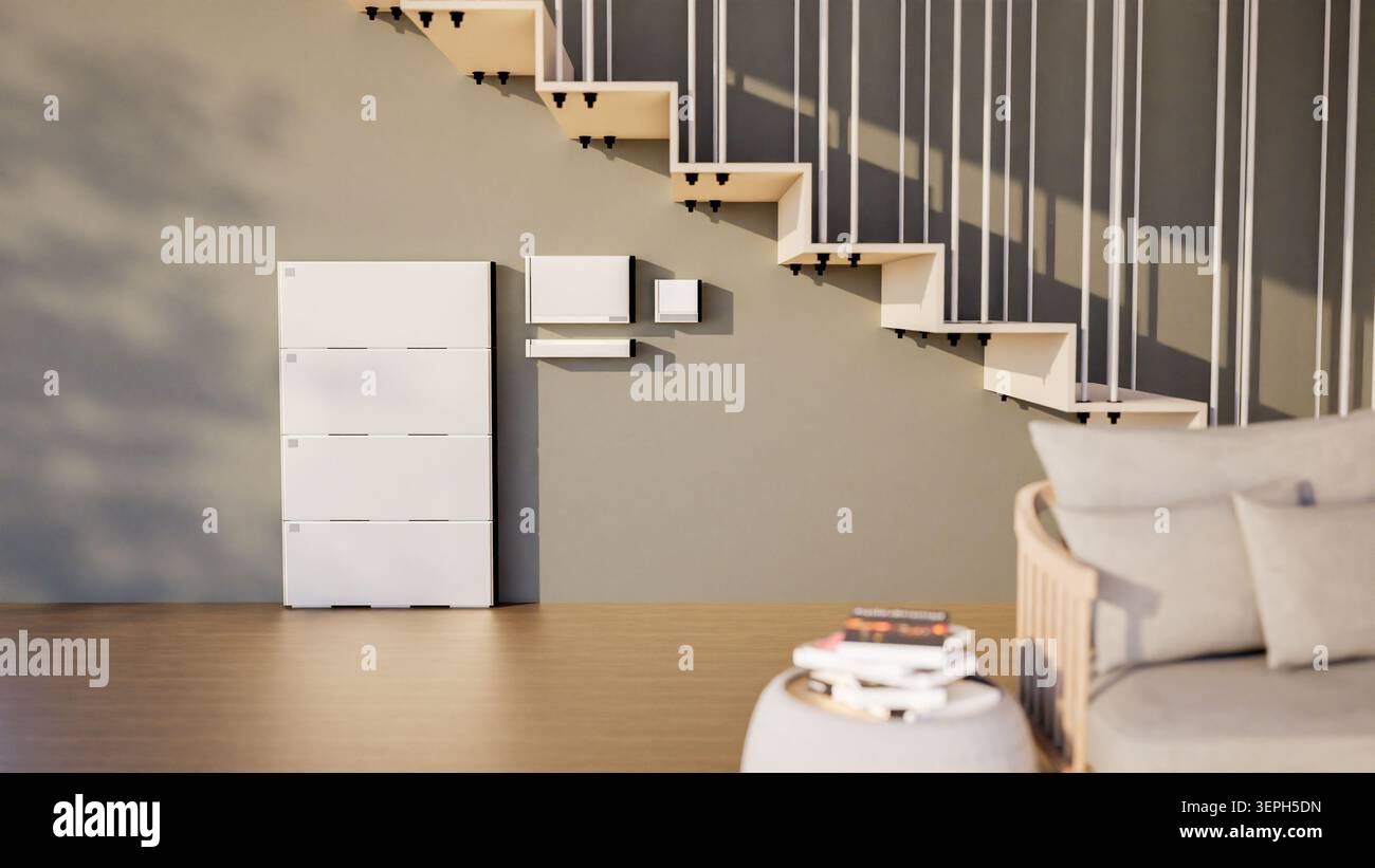 rendering 3d della batteria domestica o del sistema di immagazzinamento dell'energia per uso residenziale Foto Stock