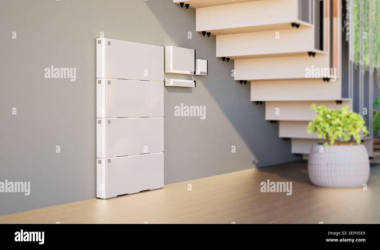 rendering 3d della batteria domestica o del sistema di immagazzinamento dell'energia per uso residenziale Foto Stock