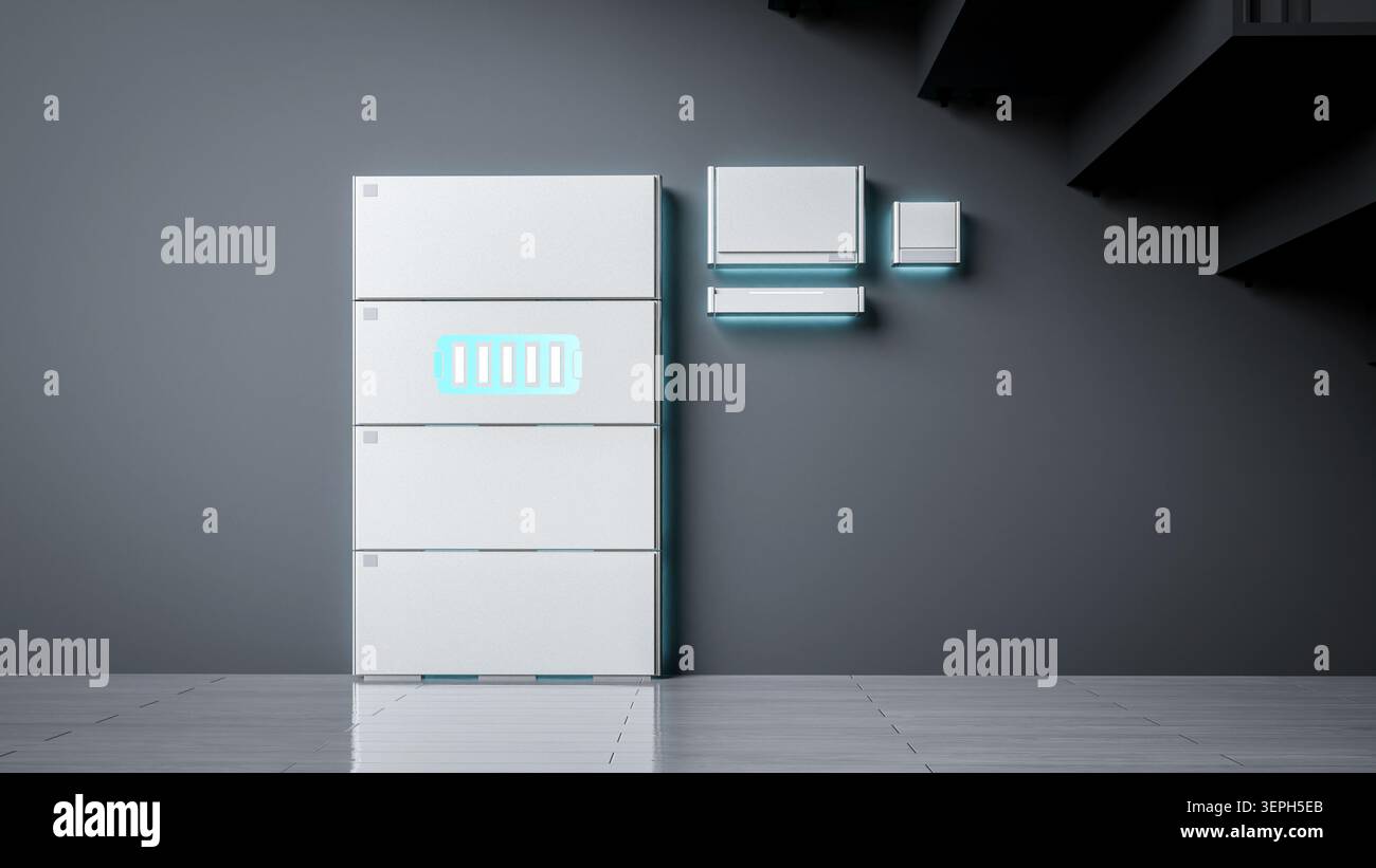 rendering 3d della batteria domestica o del sistema di immagazzinamento dell'energia per uso residenziale Foto Stock