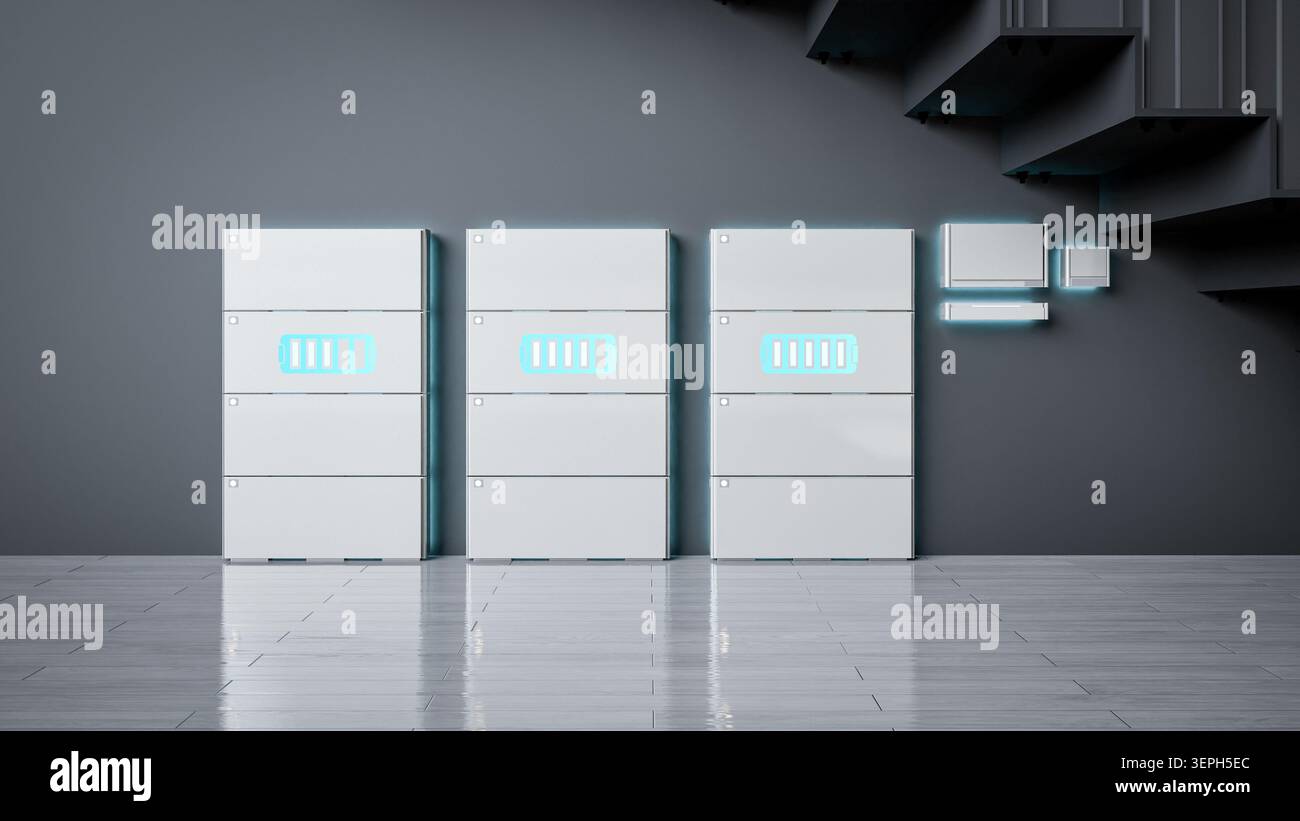 gruppo di rendering 3d di batterie domestiche o sistemi di accumulo di energia per uso residenziale Foto Stock
