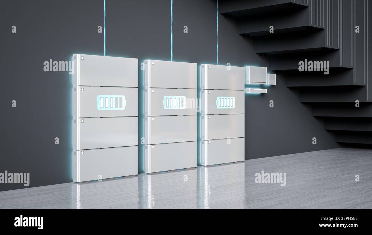 gruppo di rendering 3d di batterie domestiche o sistemi di accumulo di energia per uso residenziale Foto Stock