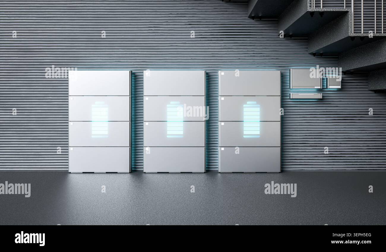 gruppo di rendering 3d di batterie domestiche o sistemi di accumulo di energia per uso residenziale Foto Stock