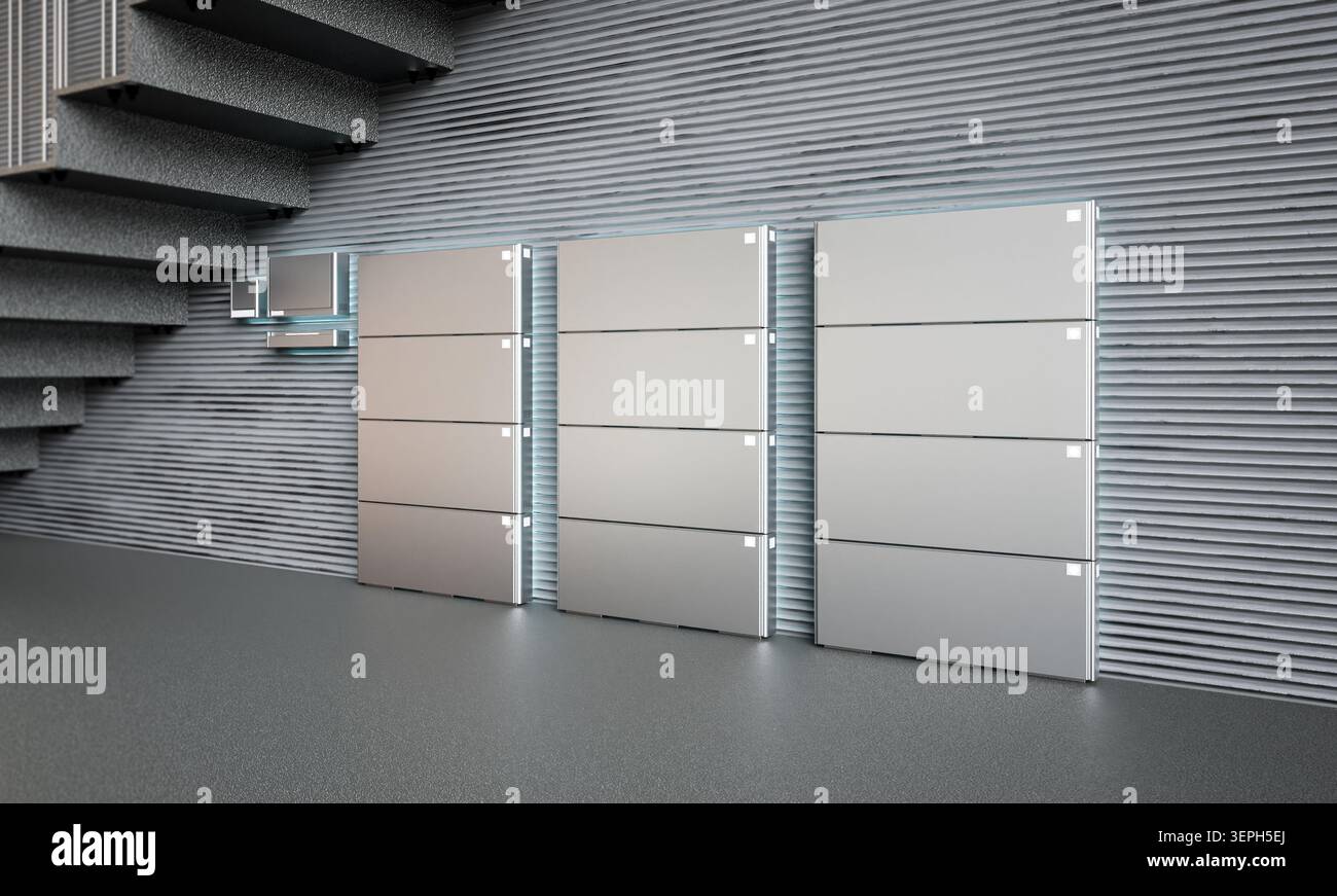 gruppo di rendering 3d di batterie domestiche o sistemi di accumulo di energia per uso residenziale Foto Stock