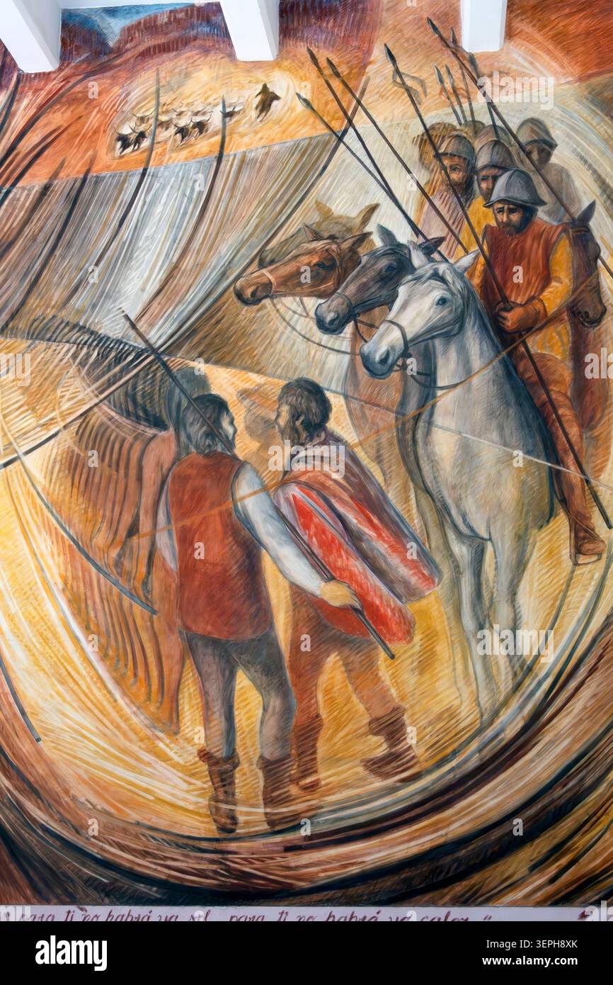 Conquistadores spagnoli e cavalli nel murale storico del Palacio de Gobierno, Hermosillo, Sonora, Messico Foto Stock