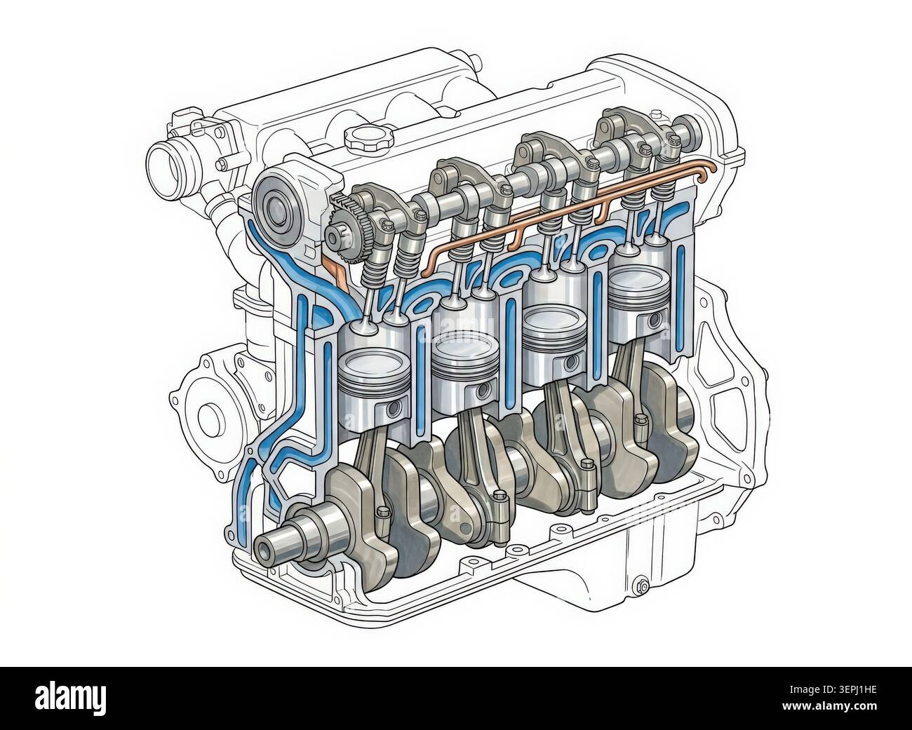 Illustrazione tecnica del settore automobilistico stilizzata in stile di rendering Copic che mostra un motore a combustione interna a quattro cilindri in linea con pistoni, cr Foto Stock