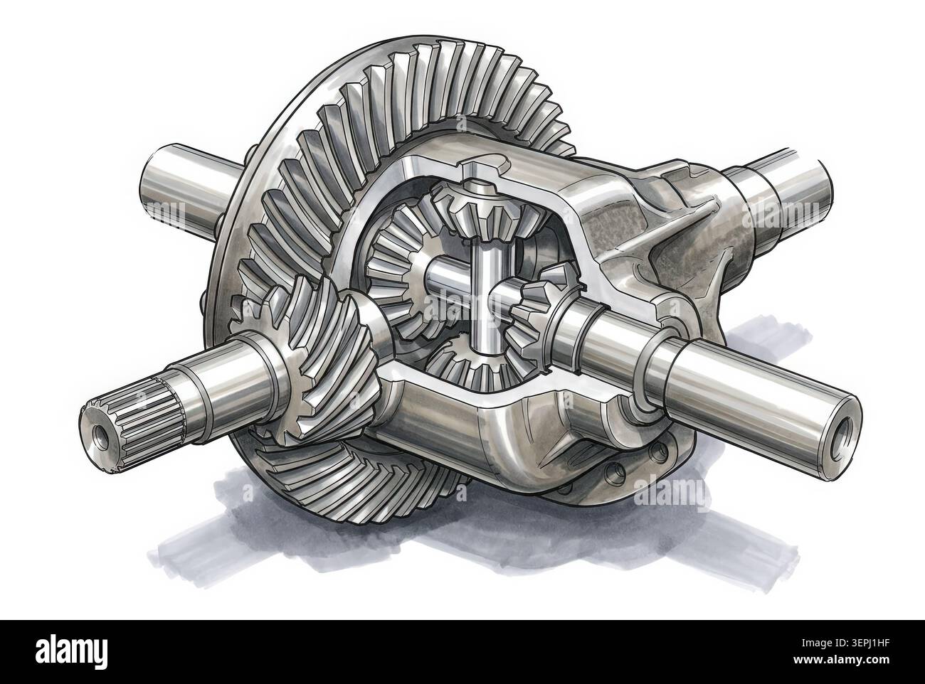 Illustrazione tecnica del settore automobilistico stilizzata in stile di rendering Copic che mostra un complessivo ingranaggio differenziale automobilistico con ingranaggi conici, assale Sha Foto Stock