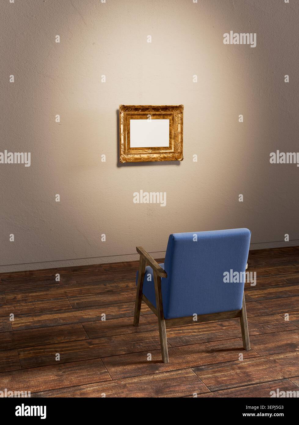 Moderna poltrona blu che guarda una cornice vuota decorata in oro su una parete testurizzata in un ambiente minimalista da galleria d'arte Foto Stock