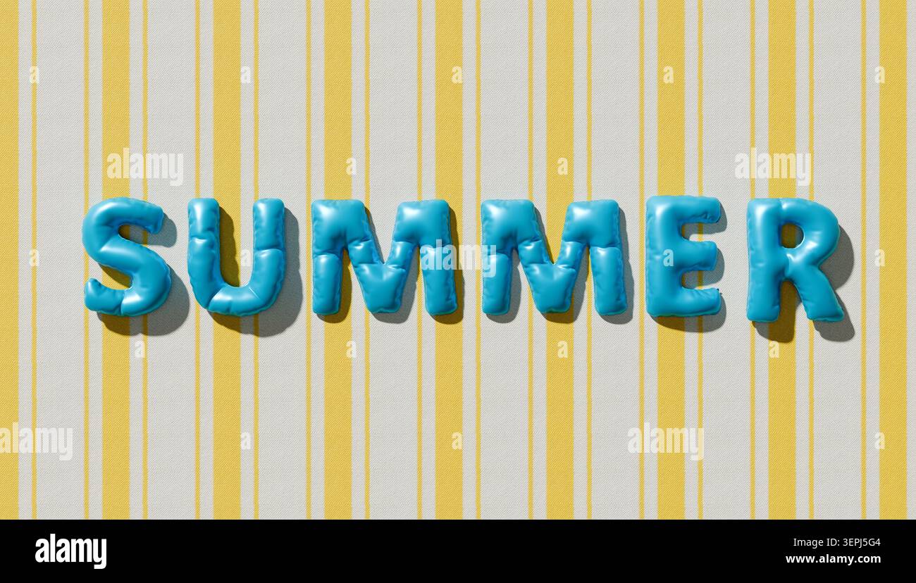 Le lettere gonfiabili blu che si trasformano in ESTATE creano un design tipografico per le vacanze al mare e le vacanze stagionali con un motivo a righe Foto Stock